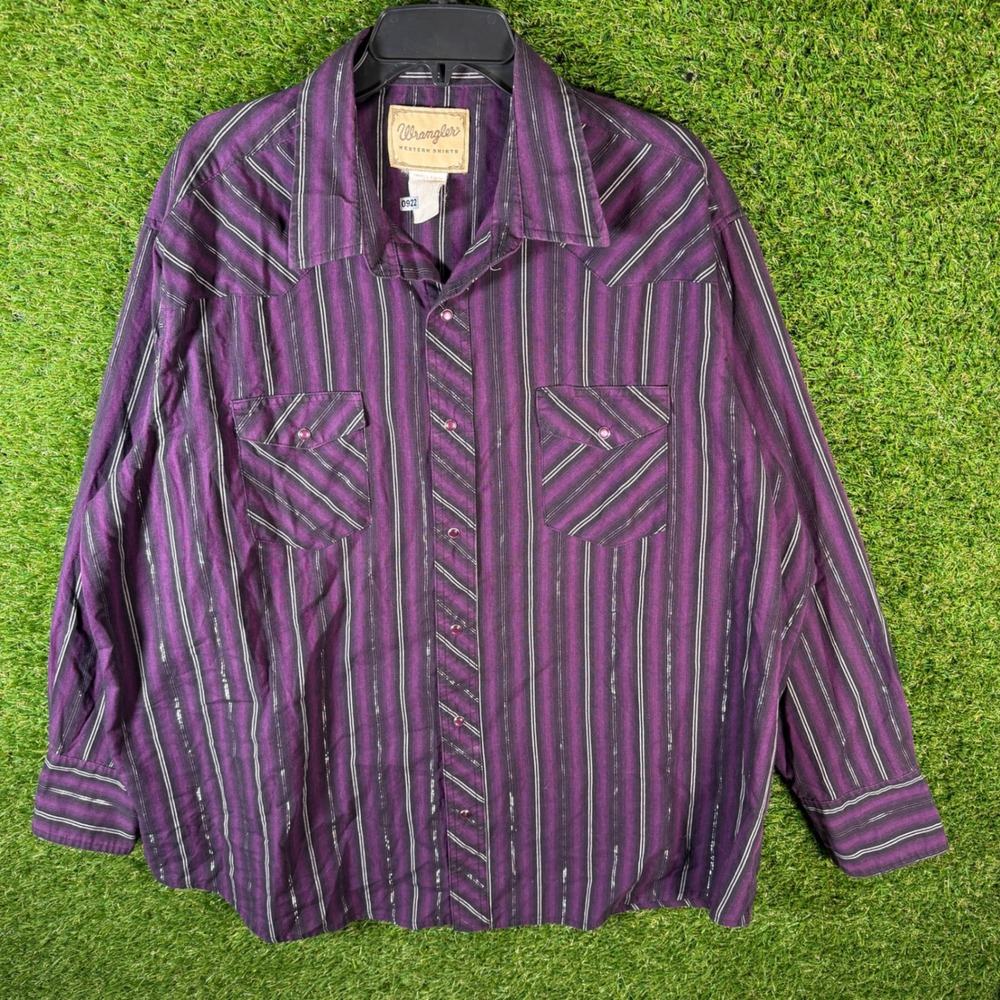 VTG Wrangler Western Shirts Mens Purple Stripe Pearl Snap Long Sleeve Size XXL‎